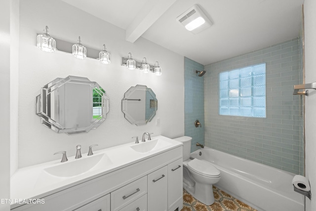 739 W Main St, Sevierville, TN 37862 - bathroom featuring beam ceiling, toilet, shower / bath combination, tile patterned floors, and double vanity