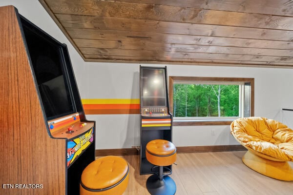 rec room with wood ceiling, baseboards, and wood finished floors