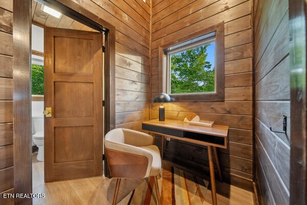 living area with wooden walls