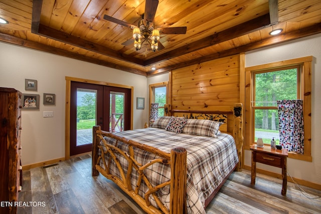 305 Griffin Ln, Allardt, TN 38504 - bedroom featuring french doors, wooden ceiling, access to outside, wood-type flooring, and multiple windows