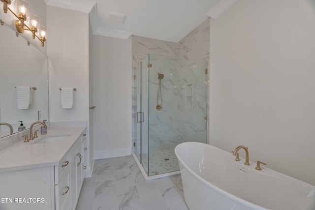 full bathroom with a soaking tub, vanity, a marble finish shower, marble finish floors, and crown molding