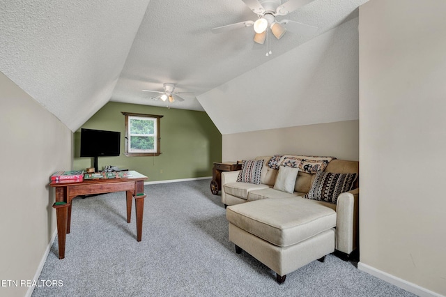 1023 NE Old Charleston Rd, Cleveland, TN 37312 - carpeted living room with ceiling fan, baseboards, lofted ceiling, and a textured ceiling