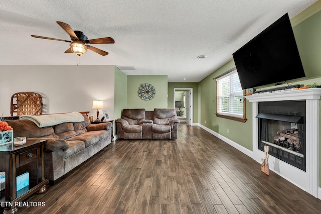 1023 NE Old Charleston Rd, Cleveland, TN 37312 - living area with a fireplace, a ceiling fan, a textured ceiling, wood finished floors, and baseboards