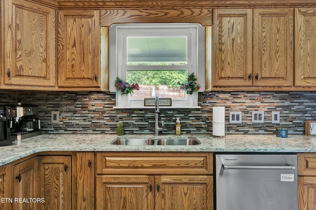 1023 NE Old Charleston Rd, Cleveland, TN 37312 - kitchen featuring a sink, tasteful backsplash, brown cabinetry, and dishwasher