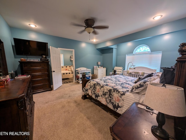 900 Twin Fawn Trl, Middlesboro, KY 40965 - bedroom featuring light carpet, a ceiling fan, recessed lighting, and connected bathroom