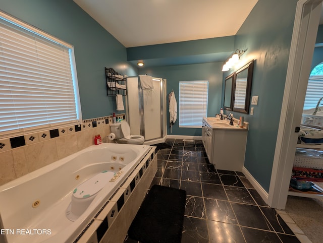 900 Twin Fawn Trl, Middlesboro, KY 40965 - bathroom featuring a shower stall, vanity, a whirlpool tub, marble finish floors, and baseboards