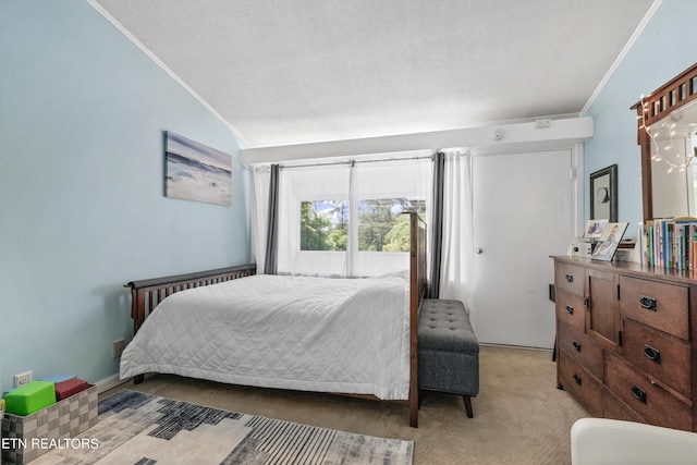 bedroom featuring ornamental molding, light colored carpet, vaulted ceiling, and a textured ceiling
