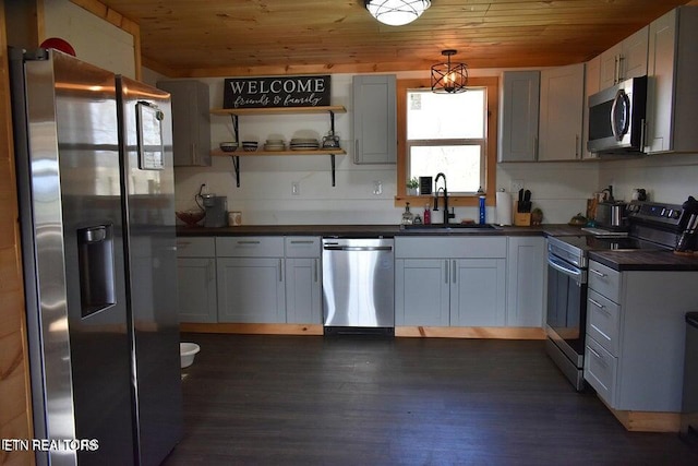 217 Yoakum Rd, Speedwell, TN 37870 - kitchen featuring stainless steel appliances, a sink, wood ceiling, dark countertops, and dark wood-style flooring