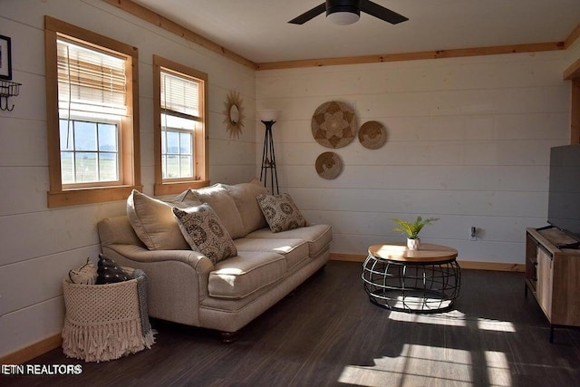 217 Yoakum Rd, Speedwell, TN 37870 - living area featuring dark wood-style flooring, ceiling fan, and baseboards