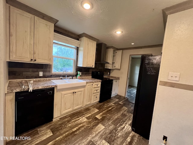 225 Orange Ln, Speedwell, TN 37870 - kitchen with black appliances, a sink, wall chimney range hood, tasteful backsplash, and dark wood-type flooring