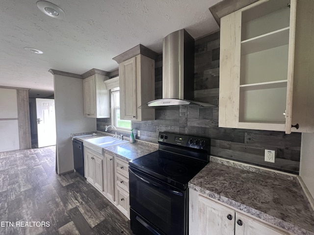 225 Orange Ln, Speedwell, TN 37870 - kitchen featuring black appliances, wall chimney exhaust hood, backsplash, dark wood-style flooring, and a textured ceiling