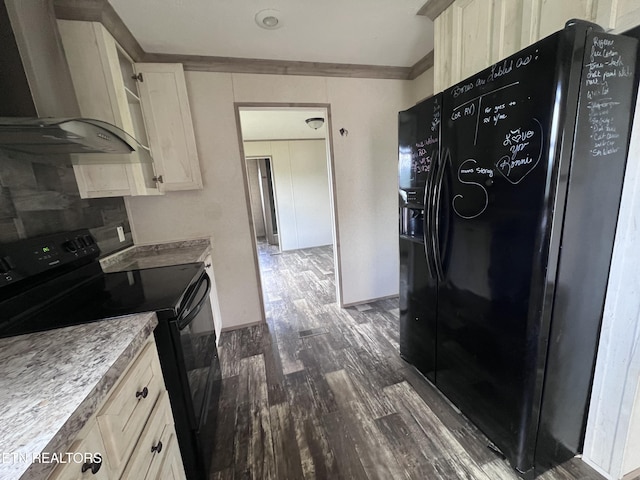 225 Orange Ln, Speedwell, TN 37870 - kitchen featuring black appliances, exhaust hood, dark wood-style floors, ornamental molding, and light countertops