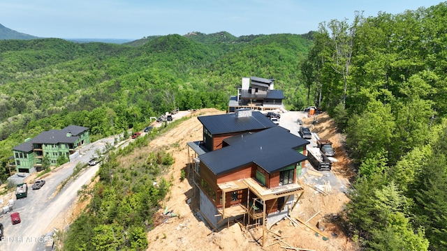 view of subject property with a forest
