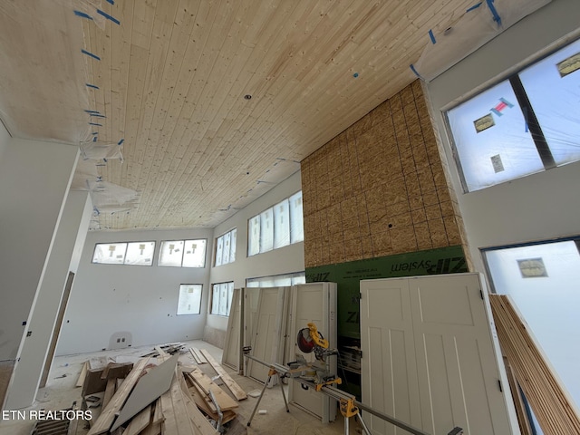 living area with a high ceiling and wooden ceiling
