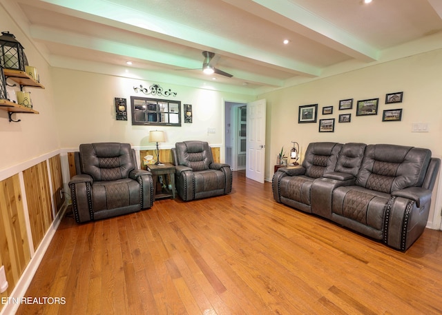 112 Chestnut Hill Rd, Oak Ridge, TN 37830 - living room with beam ceiling, wood finished floors, ceiling fan, recessed lighting, and wainscoting