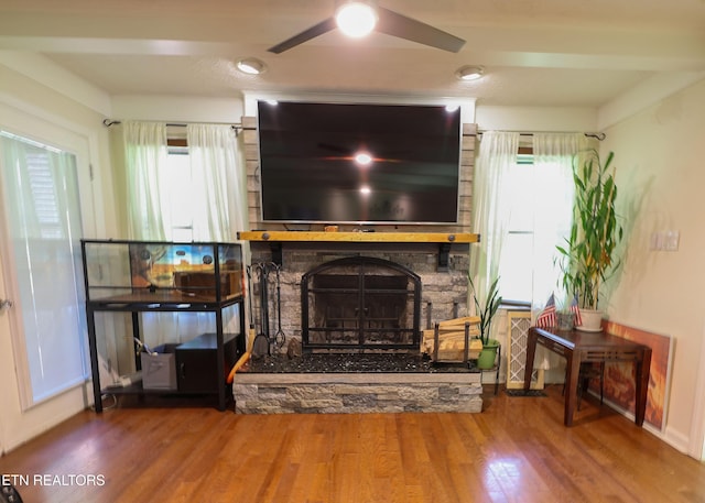 112 Chestnut Hill Rd, Oak Ridge, TN 37830 - living room with a fireplace, wood finished floors, ceiling fan, and baseboards