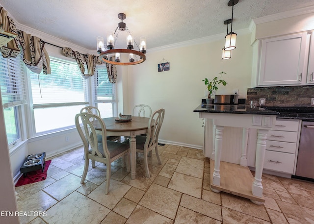 112 Chestnut Hill Rd, Oak Ridge, TN 37830 - dining space with a chandelier, stone tile floors, crown molding, a textured ceiling, and baseboards