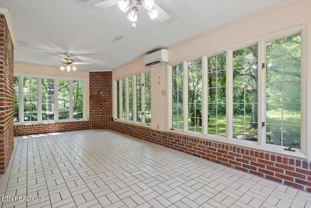 unfurnished sunroom featuring brick wall, a wall mounted air conditioner, and brick patterned floors