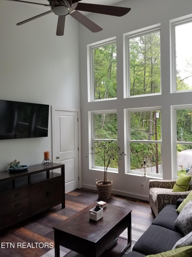 667 Turkey Nest Rd, Gatlinburg, TN 37738 - living area featuring a towering ceiling, a ceiling fan, dark wood-style floors, and healthy amount of natural light