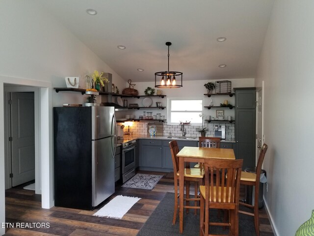 667 Turkey Nest Rd, Gatlinburg, TN 37738 - kitchen featuring open shelves, stainless steel appliances, tasteful backsplash, dark wood finished floors, and recessed lighting