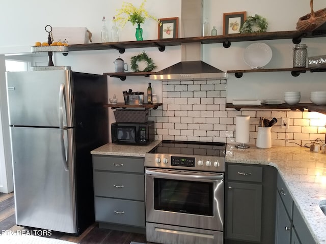 667 Turkey Nest Rd, Gatlinburg, TN 37738 - kitchen with open shelves, stainless steel appliances, gray cabinetry, and decorative backsplash