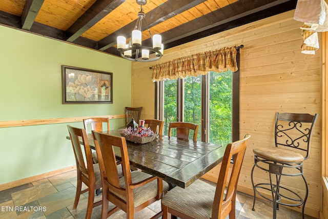 529 Deer Path Ln, Gatlinburg, TN 37738 - dining room with wooden walls, stone tile floors, wooden ceiling with exposed beams, a chandelier, and baseboards