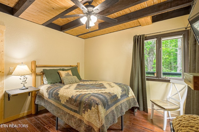 529 Deer Path Ln, Gatlinburg, TN 37738 - bedroom with wooden ceiling with exposed beams, dark wood-style floors, and a textured wall