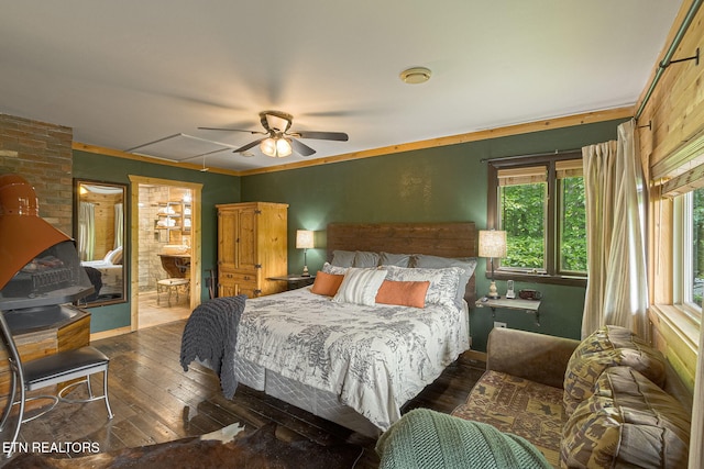 529 Deer Path Ln, Gatlinburg, TN 37738 - bedroom featuring wood-type flooring, attic access, a ceiling fan, and ensuite bath