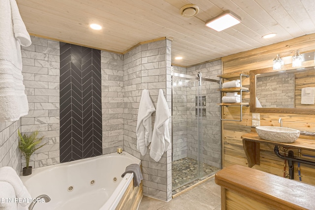 529 Deer Path Ln, Gatlinburg, TN 37738 - full bathroom featuring a stall shower, a tub with jets, wooden ceiling, recessed lighting, and vanity