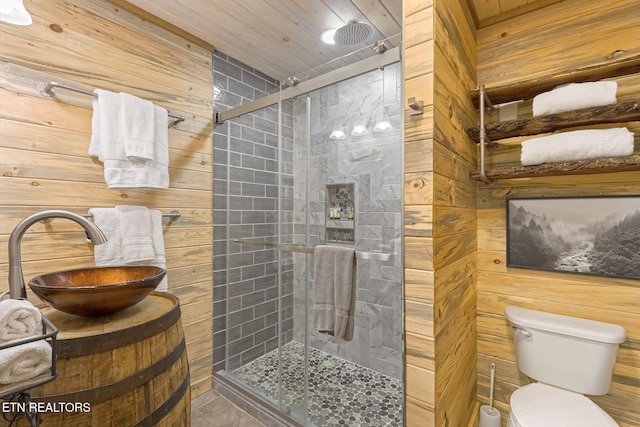 529 Deer Path Ln, Gatlinburg, TN 37738 - bathroom featuring a sink, a stall shower, wood walls, and toilet