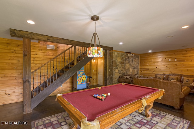 529 Deer Path Ln, Gatlinburg, TN 37738 - recreation room with wood walls, billiards, and recessed lighting