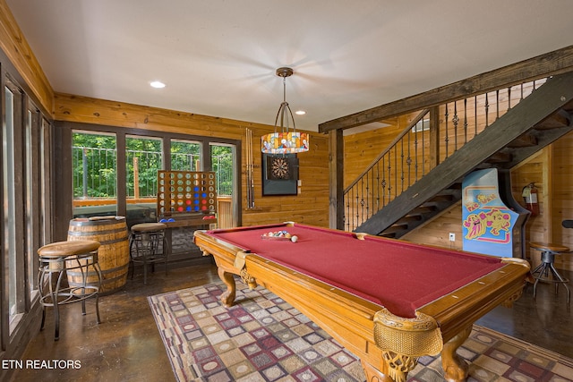 529 Deer Path Ln, Gatlinburg, TN 37738 - playroom featuring billiards, concrete floors, wooden walls, and recessed lighting