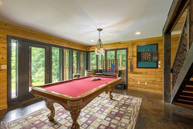 529 Deer Path Ln, Gatlinburg, TN 37738 - recreation room with wooden walls, healthy amount of natural light, billiards, recessed lighting, and french doors