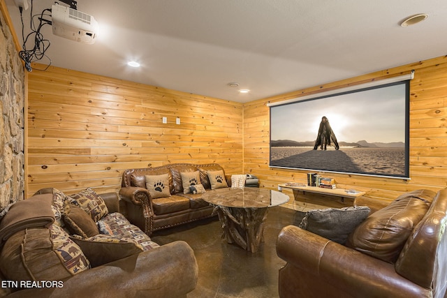 529 Deer Path Ln, Gatlinburg, TN 37738 - cinema with concrete flooring, wood walls, and recessed lighting