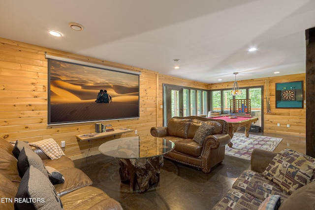 529 Deer Path Ln, Gatlinburg, TN 37738 - living area with billiards, wooden walls, recessed lighting, and french doors