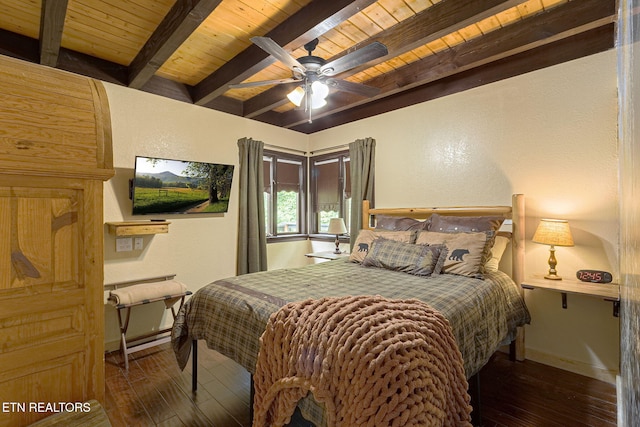 529 Deer Path Ln, Gatlinburg, TN 37738 - bedroom featuring hardwood / wood-style floors, baseboards, wood ceiling with exposed beams, and ceiling fan