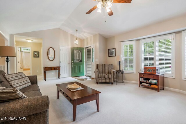 157 Garfield Ct, Crossville, TN 38558 - living room featuring a ceiling fan, lofted ceiling, carpet flooring, and baseboards