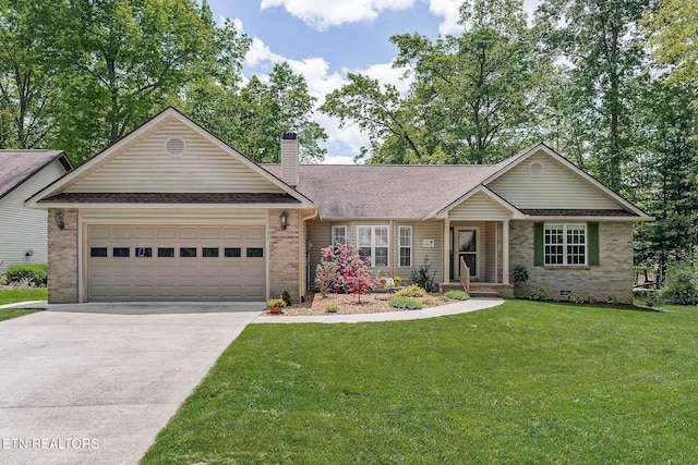 157 Garfield Ct, Crossville, TN 38558 - ranch-style house with brick siding, concrete driveway, a garage, a front lawn, and a chimney