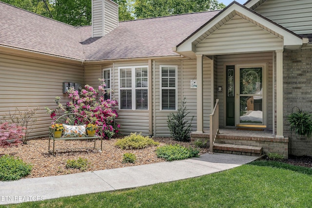 157 Garfield Ct, Crossville, TN 38558 - doorway to property featuring a chimney, a shingled roof, and brick siding