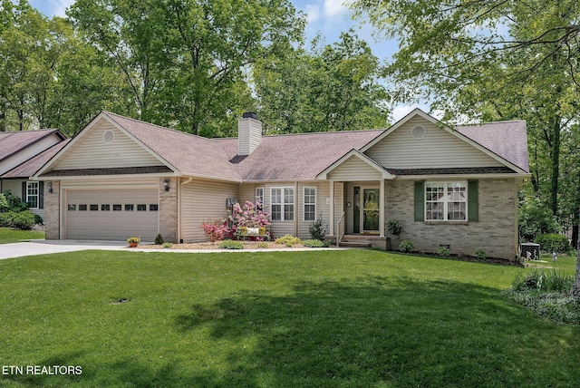 157 Garfield Ct, Crossville, TN 38558 - ranch-style home featuring a garage, brick siding, a chimney, and roof with shingles