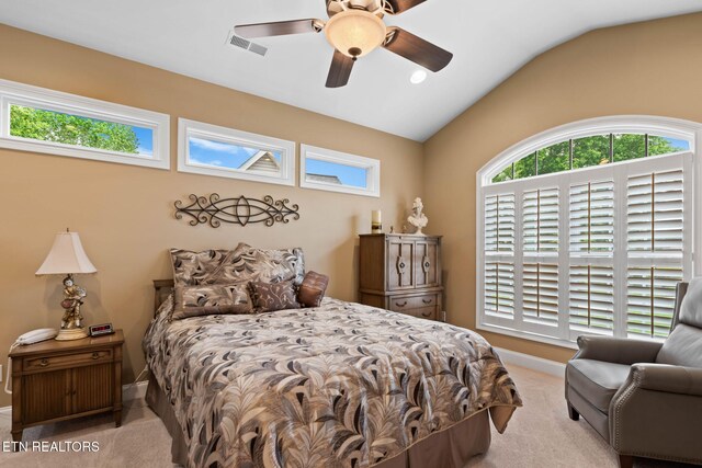 115 Tecumseh Ln, Loudon, TN 37774 - carpeted bedroom featuring vaulted ceiling, baseboards, and ceiling fan