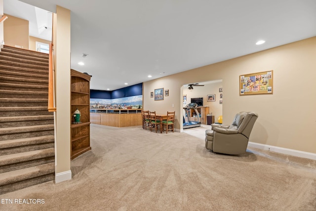 115 Tecumseh Ln, Loudon, TN 37774 - living area featuring stairway, carpet floors, a ceiling fan, recessed lighting, and baseboards