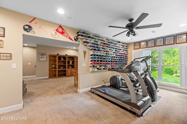 115 Tecumseh Ln, Loudon, TN 37774 - workout room with carpet flooring, a ceiling fan, baseboards, and recessed lighting