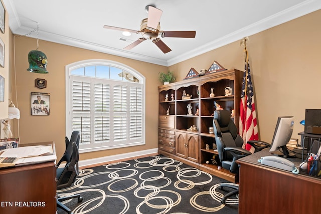 115 Tecumseh Ln, Loudon, TN 37774 - office with ornamental molding, a ceiling fan, and baseboards