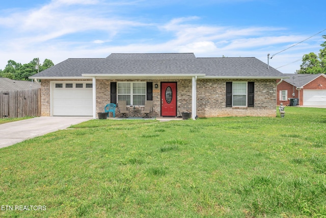 ranch-style house featuring concrete driveway, a garage, brick siding, and roof with shingles