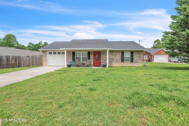 ranch-style house featuring driveway, a garage, brick siding, roof with shingles, and covered porch