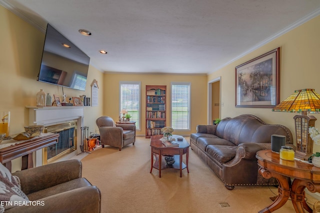 312 Cheestana Way, Loudon, TN 37774 - carpeted living room featuring a fireplace with flush hearth, crown molding, and recessed lighting