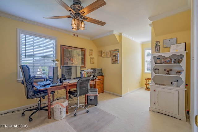 312 Cheestana Way, Loudon, TN 37774 - office area featuring ornamental molding, ceiling fan, light colored carpet, baseboards, and healthy amount of natural light