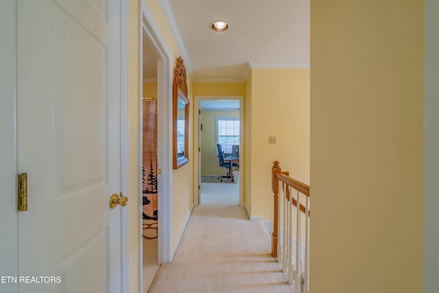 312 Cheestana Way, Loudon, TN 37774 - hall featuring crown molding, an upstairs landing, light carpet, recessed lighting, and a desk