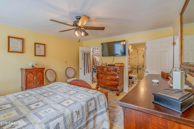 312 Cheestana Way, Loudon, TN 37774 - bedroom with crown molding, a spacious closet, a closet, ceiling fan, and ensuite bathroom